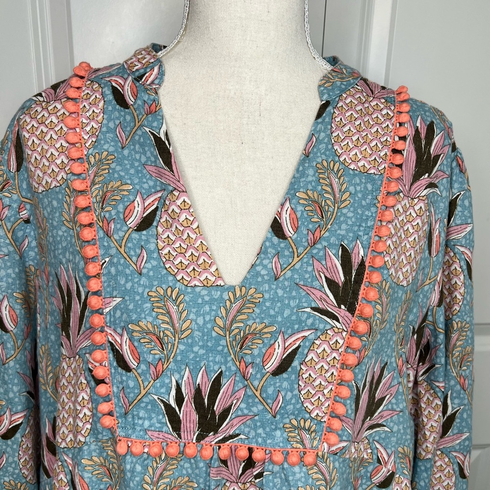 Boden Light Blue Pink Pineapple Print Evangeline Linen Tunic Dress 16 Long Tall - Picture 2 of 9